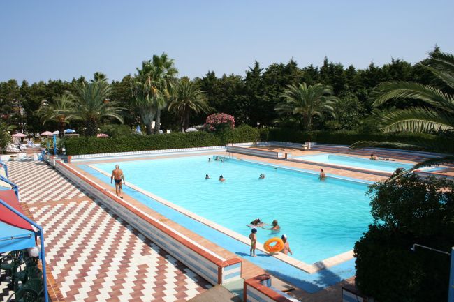 Grande piscina all'aperto, con persone in acqua e palme attorno.