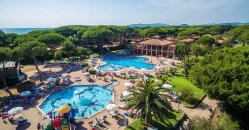 Due piscine circondate da lettini e ombrelloni in un ambiente verde e alberato.