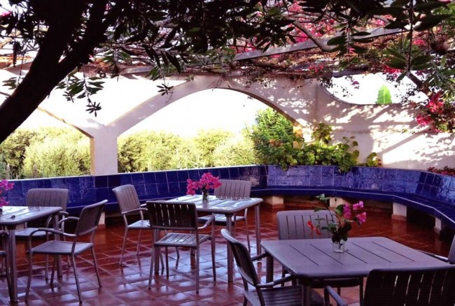 Terrazza con tavoli, sedie e bouganville.