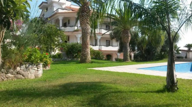Edificio con balconi e palme in giardino vicino a una piscina.