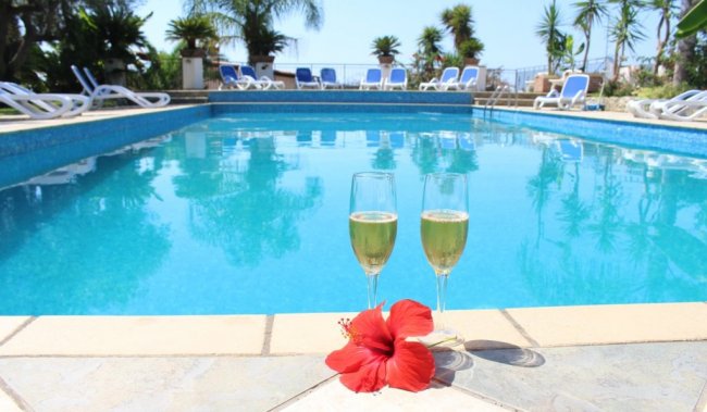 Piscina con due calici e un fiore rosso.