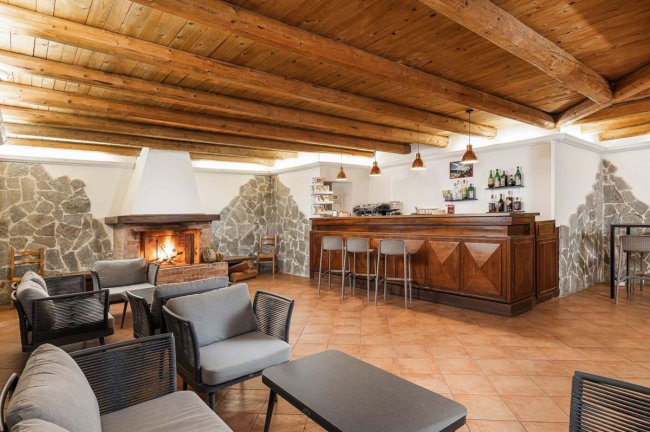 Salotto con camino e bar.