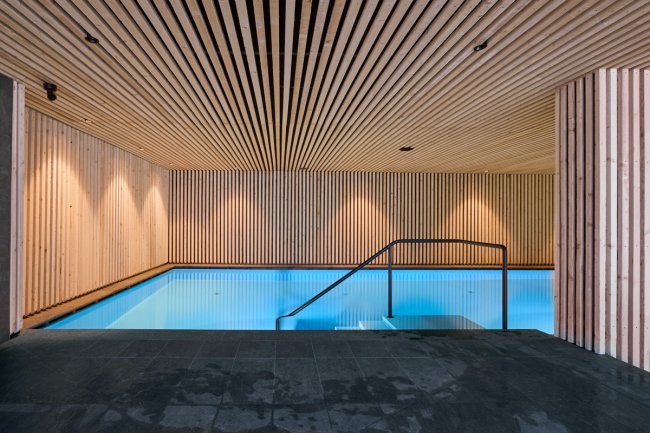 Piscina interna con pareti e soffitto in legno.