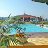 Piscina all'aperto con gente e piante.