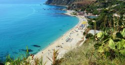 Spiaggia sabbiosa con sedie a sdraio, mare azzurro e vegetazione verde in primo piano.