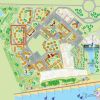Mappa illustrata di un villaggio turistico con edifici colorati e un'area evidenziata in rosso.