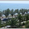 Vista del lungomare con palme, auto parcheggiate e mare sullo sfondo.