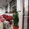 Area esterna con tavoli e sedie rosse, e fioriere con piante davanti a una finestra.
