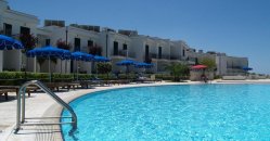 Piscina con ombrelloni blu, palme e cascata.