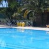 Piscina vuota con lettini e palme.