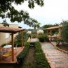 Giardino con tavolini e tettoie, sentiero e cespugli.