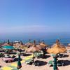 Ombrelloni e sedie su spiaggia con vista mare.