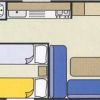 Planimetria di un appartamento con due camere da letto, bagno e area soggiorno-pranzo esterna.