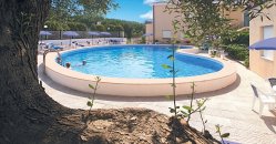 Una piscina rotonda circondata da un muretto e alberi.