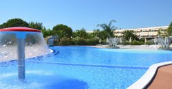 Piscina con fontana a fungo, circondata da palme e edifici bianchi in lontananza.