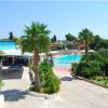 Piscina esterna con palme e area relax.