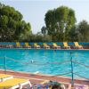 Piscina con lettini gialli e alberi sullo sfondo.