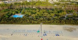 Spiaggia con ombrelloni e piscina tra gli alberi.