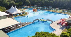 Grande piscina con ombrelloni, un ponte e una tenda bianca.