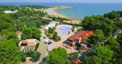 Vista aerea di un complesso con piscina, alberi verdi e spiaggia vicina.